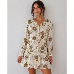 Hinge Ivory & Tan Floral Ruffle 3/4 Sleeve Dress size small